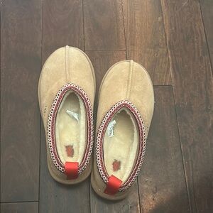UGG Tan Slippers with Red Trim
